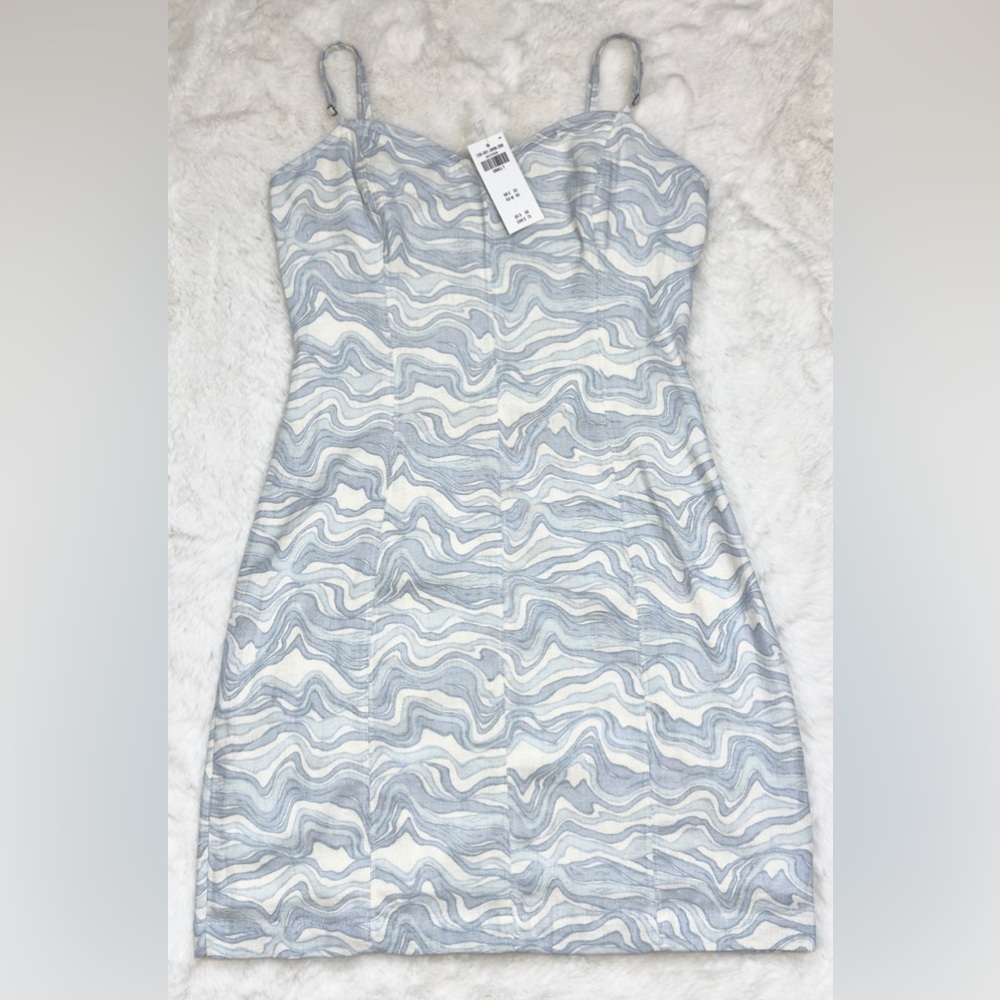NWT A&F Blue Pattern Corset Seamed Linen-Blend Mini Dress